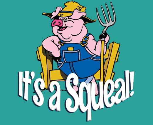 Cartoon pig wearing overalls and a straw hat, leaning on a wooden fence with a pitchfork. The text "It's a Squeal!" is written below, celebrating the Annual Livermush Festival. The background is teal.