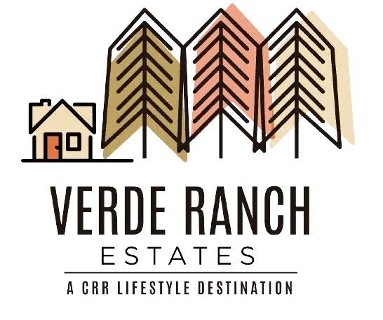 Logo for Verde Ranch Estates featuring a small house icon and three stylized trees, with the tagline "A CRR Lifestyle Destination" beneath the name.