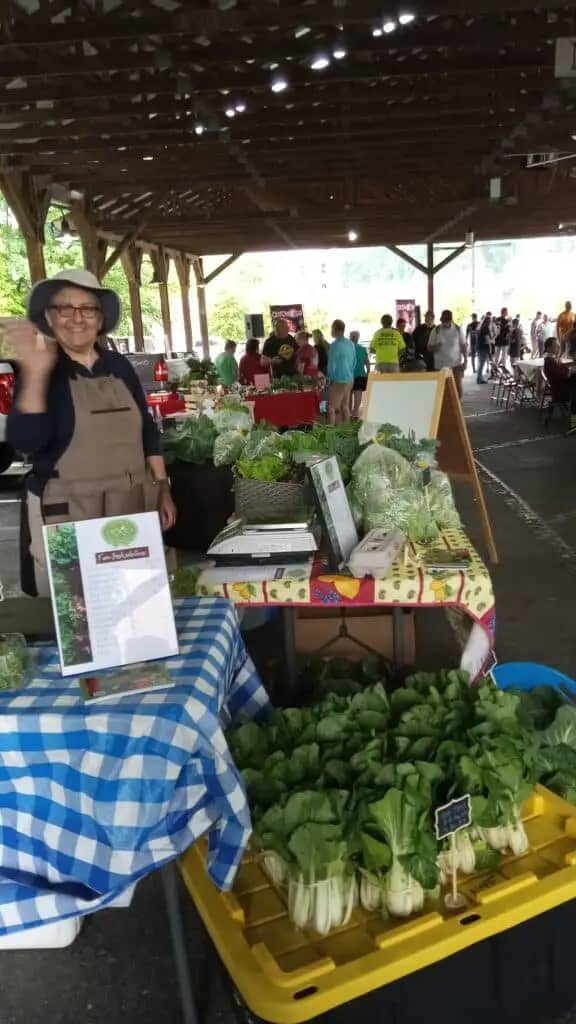 A vendor waves from behind a table displaying various fresh vegetables at a farmers market held under a wooden pavilion. People can be seen shopping, socializing, and sipping on local wine in the background.