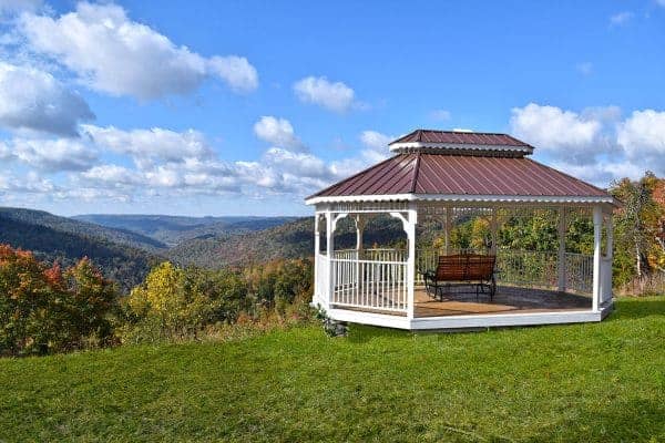 A Belle Ridge gazebo sits atop a hill, commanding a stunning view of the valley.