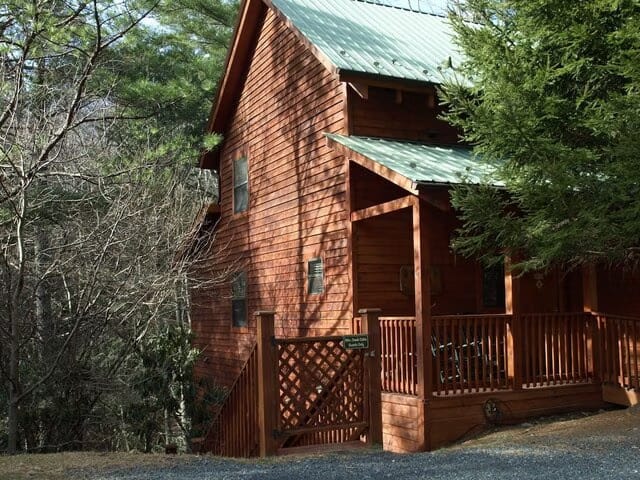 A cabin in the woods with a metal roof.