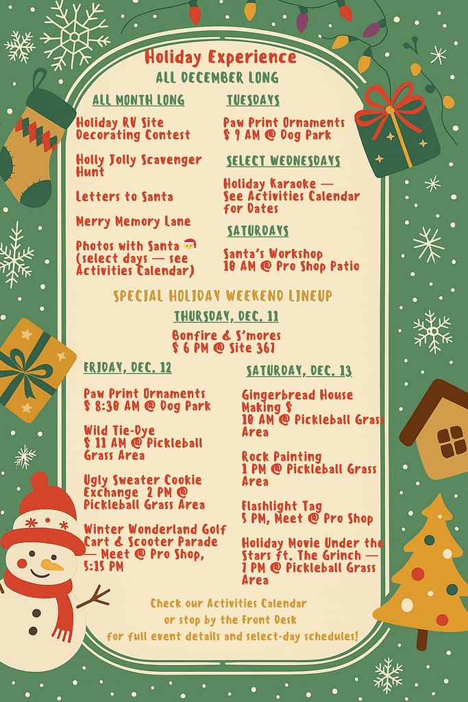 Holiday-themed event flyer with a snowman and Christmas decorations listing December activities, including crafts, games, music, golf, ornament painting, gingerbread house building, and holiday movie nights.