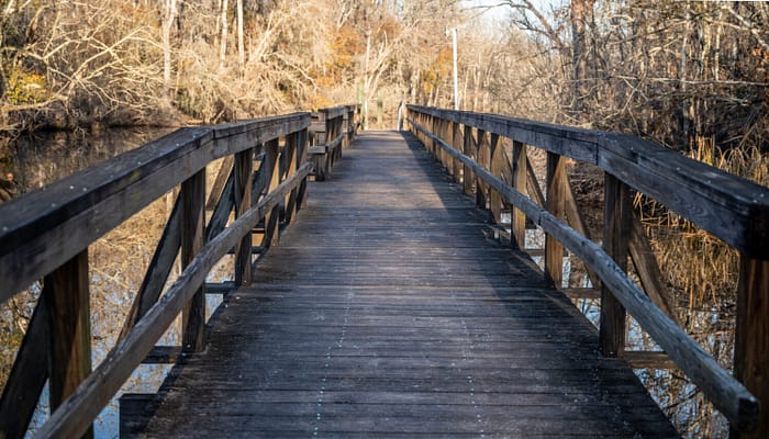 A wooden footbridge extends over a calm body of water, surrounded by leafless trees on a sunny autumn or winter day.