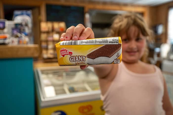 A girl in a pink tank top holds out an ice cream sandwich labeled "Good Humor Giant Vanilla." The focus is on the ice cream bar in the foreground, with the girl smiling slightly in the blurry background, framed by shelves of a store that evoke a warm, balsam-scented memory.