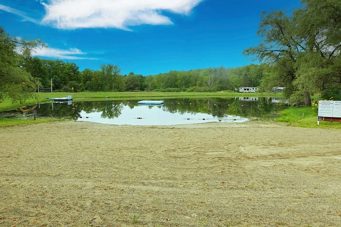 A lake with a body of water and trees.