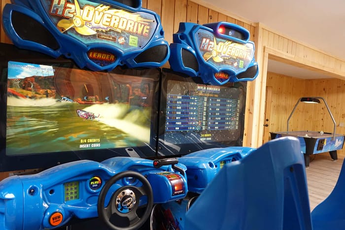 A video game with blue controllers.