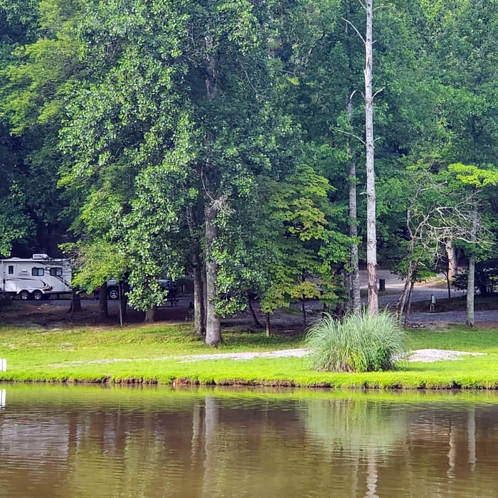 A rv parked next to a pond in a wooded area.