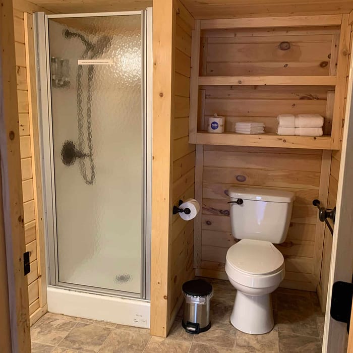 A bathroom with a shower and toilet.