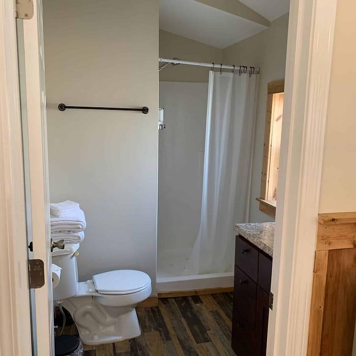 A bathroom with a toilet and shower.
