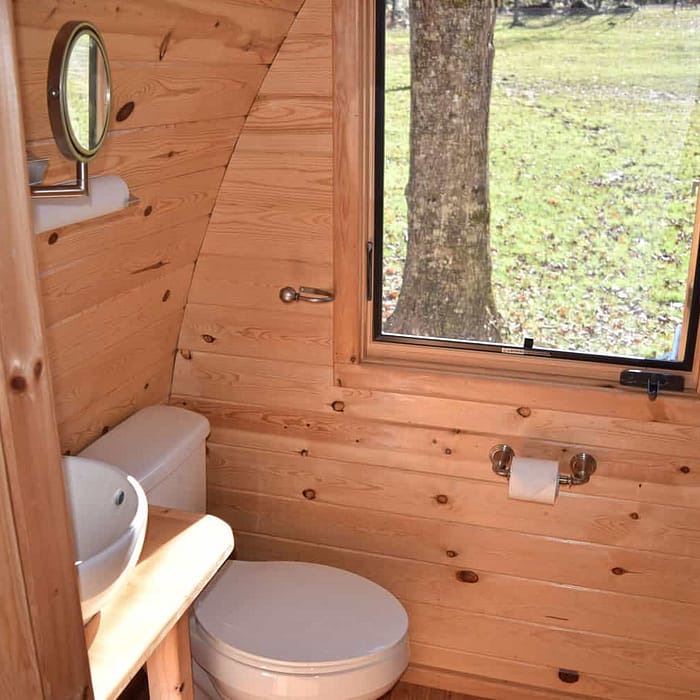 A bathroom with a window and a tree.
