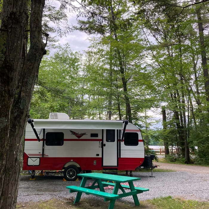 A trailer parked in a forest.