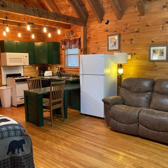 A cozy cabin interior with a wooden kitchen setup and adjoining living area featuring a plush sofa and bear-themed decor.
