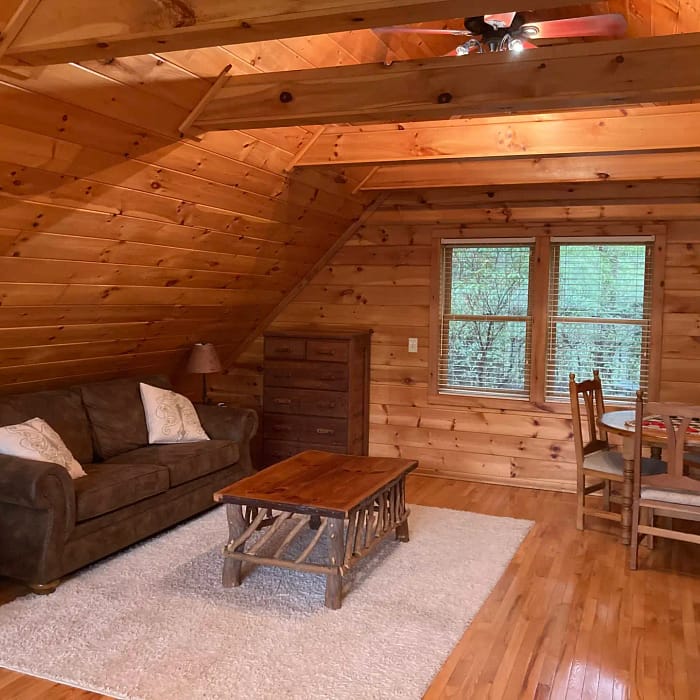 A cozy cabin living room with wooden walls, a brown sofa, a coffee table, and a dining area.