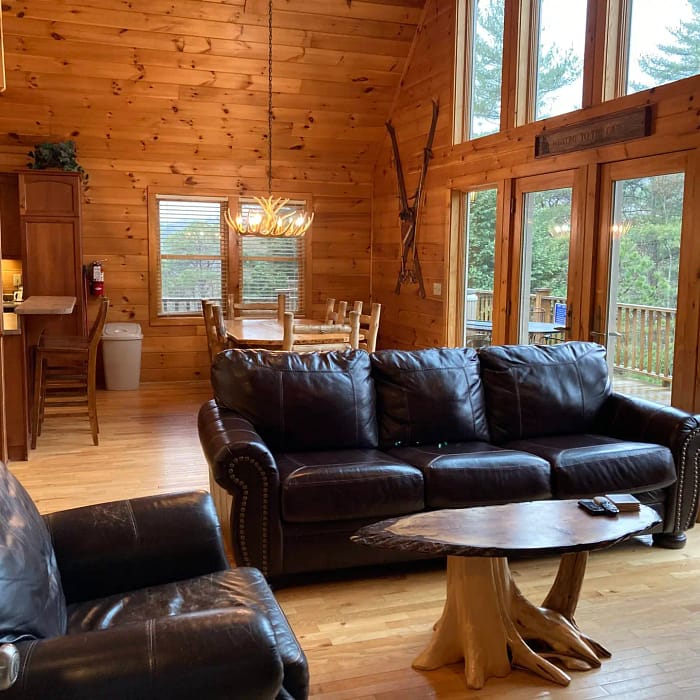 Interior of a cozy wooden cabin living room with leather sofas and natural light.