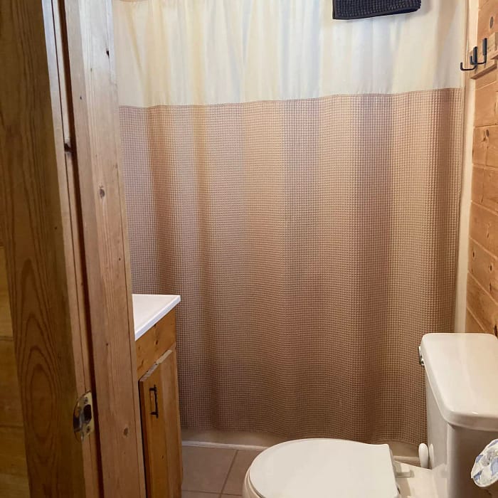 A small bathroom with a toilet, shower curtain, and a wooden door ajar.