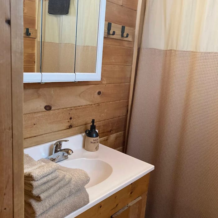 A rustic bathroom interior with a wooden wall, featuring a white sink, mirror, and a shower curtain.
