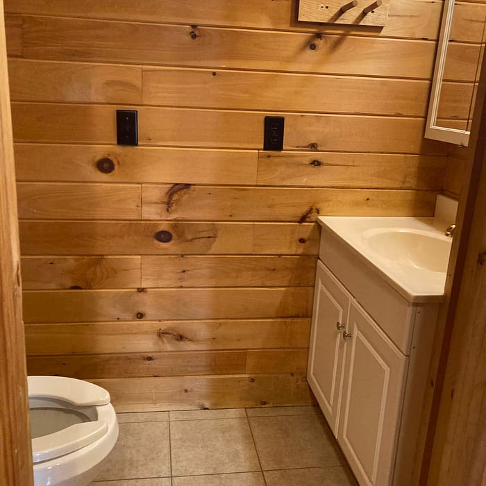 Interior of a rustic-styled bathroom with wooden panel walls, a white toilet on the left, and a sink with a cabinet on the right.