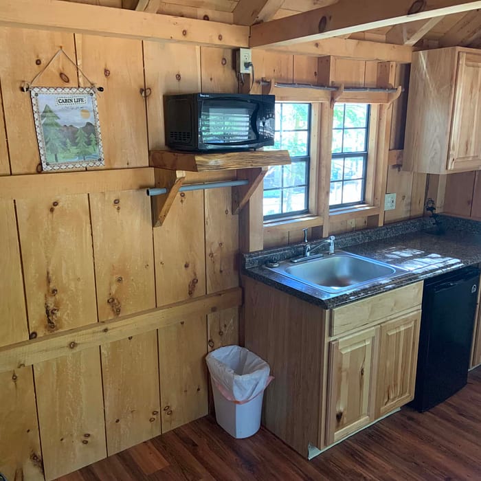Rustic wooden cabin interior featuring a kitchenette with microwave, sink, and cabinets.