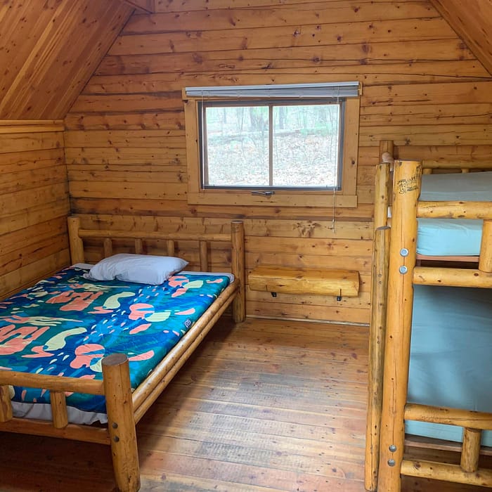 A cozy wooden cabin interior featuring a single bed and a bunk bed with a forest view through the window.