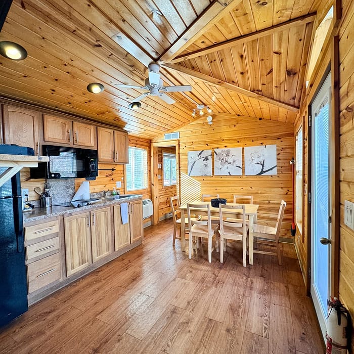 Wooden cabin interior featuring a kitchen area with modern appliances and a dining area with a table and chairs.