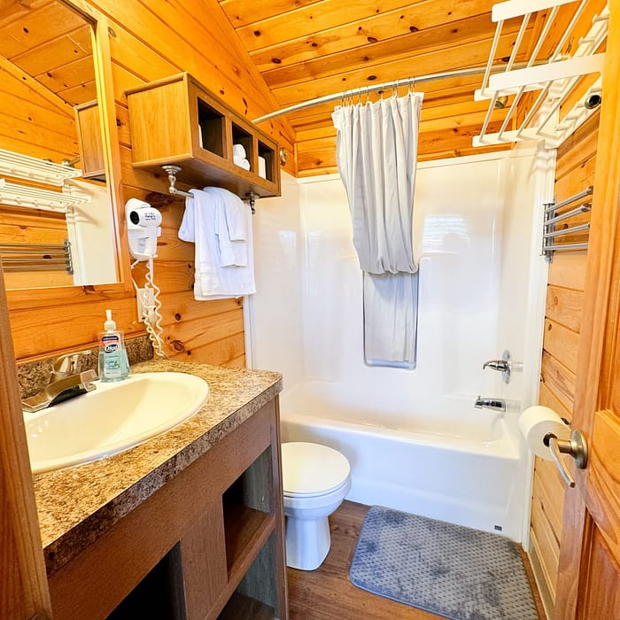 Compact wooden cabin bathroom with a shower, sink, and toilet.