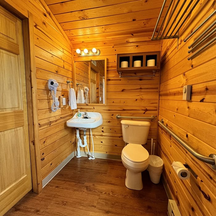 Wood-paneled bathroom interior with toilet, sink, and mirror.