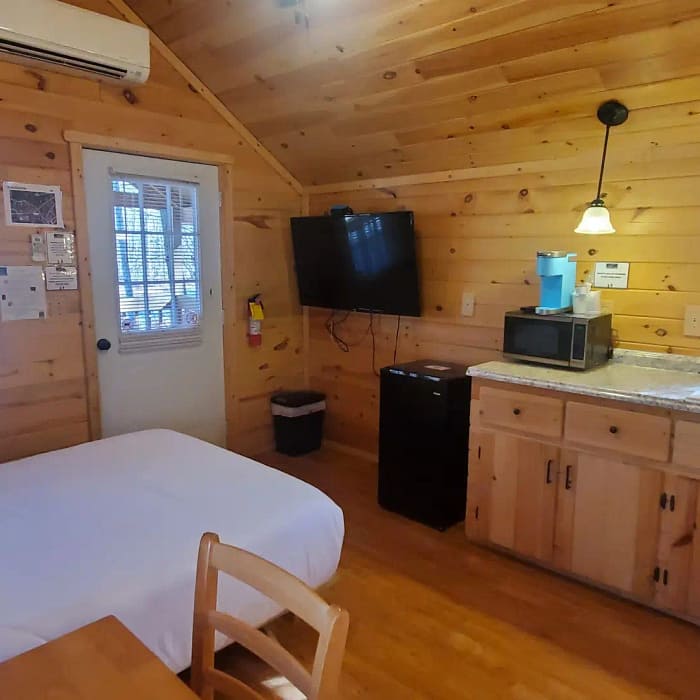 Cozy wooden cabin interior featuring a small kitchen area with a microwave, mini-fridge, sink, and granite countertop. A mounted flat-screen TV is visible above a desk area, and a bed is placed near the corner. Natural light filters through windows, illuminating the space.
