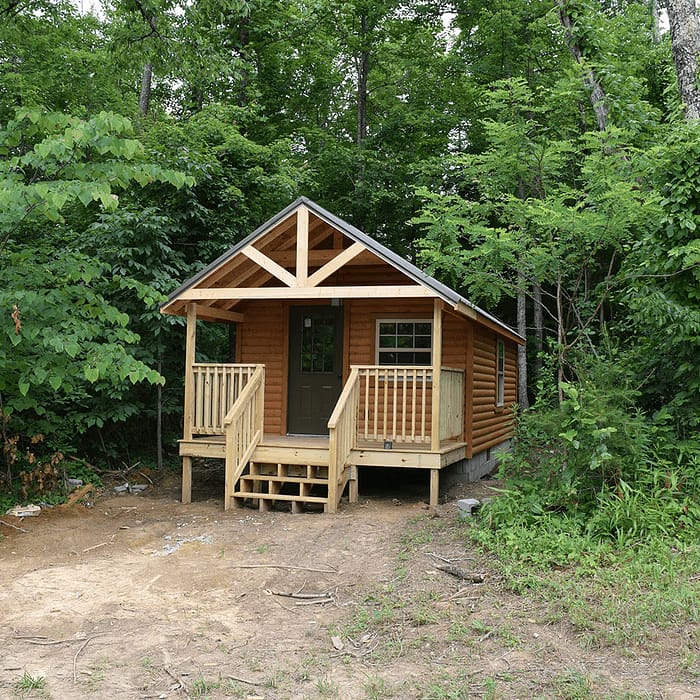 A rustic wooden cabin with a small porch and steps is nestled in a dense forest. The cabin is surrounded by lush green trees and foliage, creating a secluded and serene atmosphere. The area in front of the cabin appears to be recently cleared.