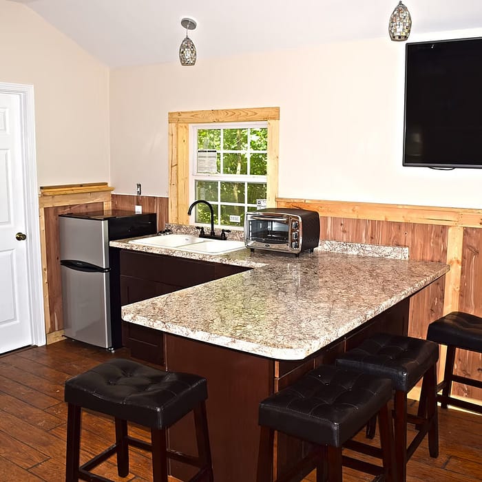 A small kitchen with a granite countertop and a sink. The room features a mini-refrigerator, a microwave, a toaster oven, and a mounted TV. There are four black cushioned stools around the counter. A window is above the sink, and the walls have wood paneling.