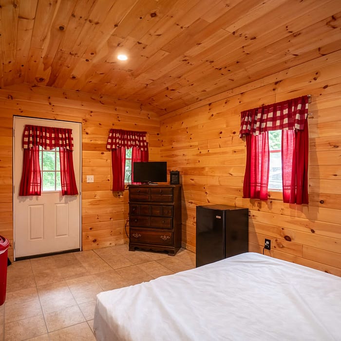A cozy wooden cabin room with light-colored wood-paneled walls and ceiling. A small bed with a white bedspread is in the foreground. The accommodations include a dresser with a TV atop, a mini fridge, and windows with red and white checkered curtains. Door and window on the left.
