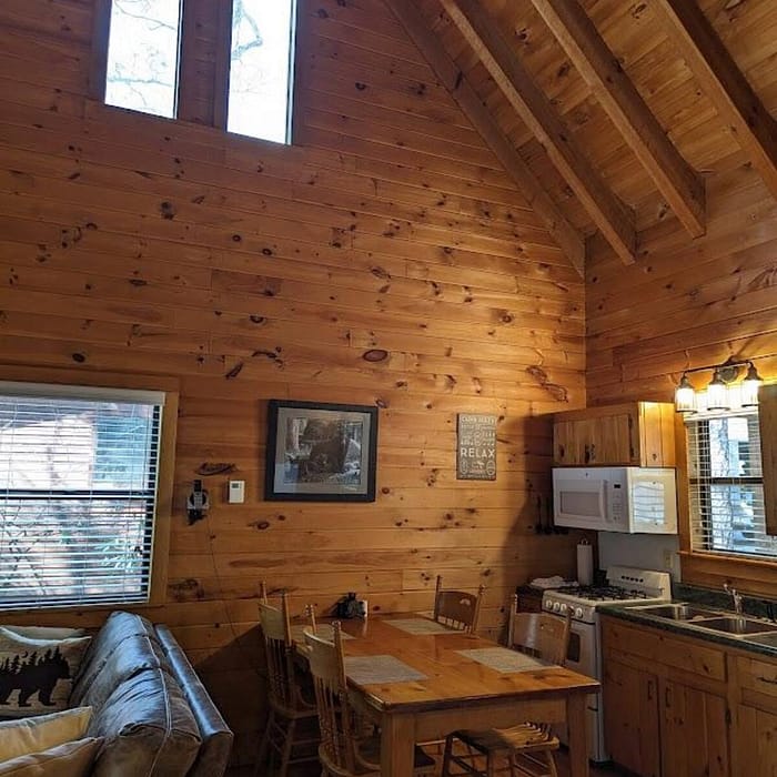 A cozy cabin interior with wooden walls and ceiling. A dining table with chairs is near a compact kitchen area with a microwave and sink. A sofa is placed by a window on the left, and two tall windows are above, letting in natural light.
