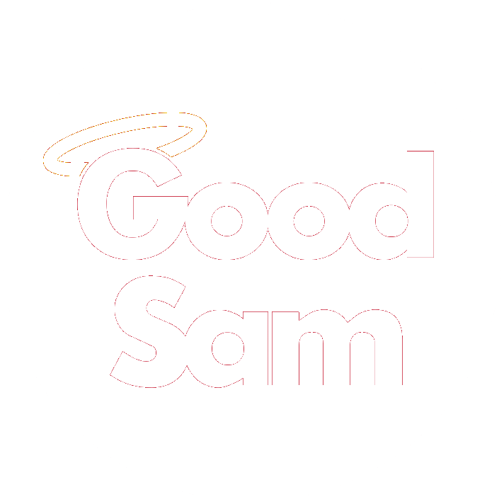 The image displays the words "Good Sam" in bold text with a halo above the "G," all set against a white circular background.