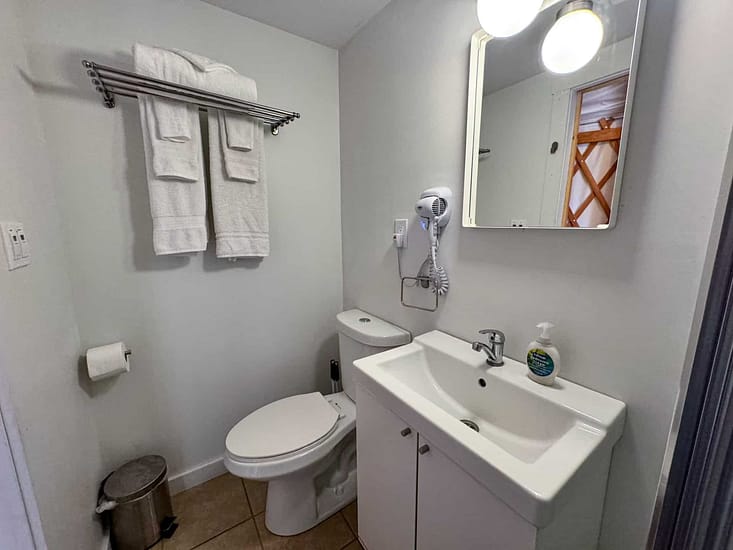 A small, simple bathroom with white walls, featuring a toilet, sink, hand soap, wall mirror, towel rack, and a hair dryer.
