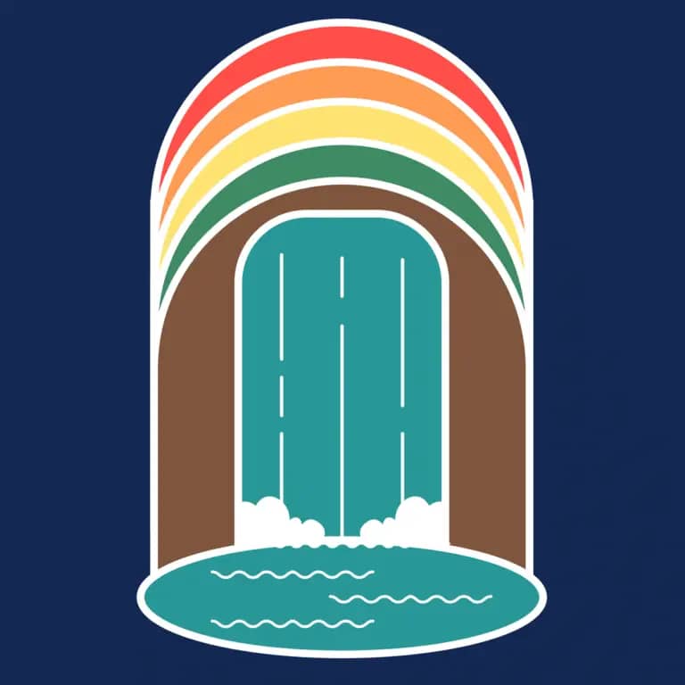 An image of a rainbow with a waterfall in the background at Savannah Oaks campgrounds.