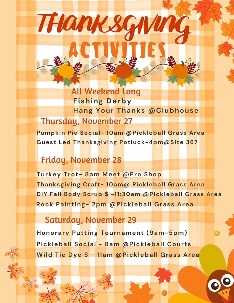 Thanksgiving events flyer with a schedule of activities, including crafts, sports, and social gatherings, on a plaid orange background with autumn leaves and festive graphics.