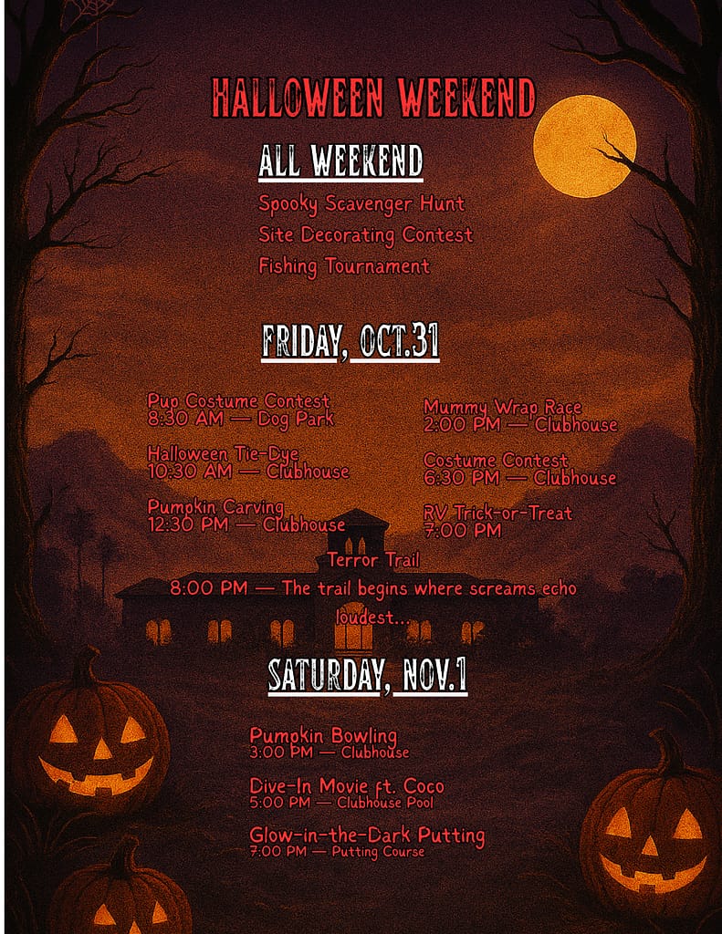 Halloween weekend event flyer with pumpkins, haunted house, and bats. Lists activities for October 31 and November 1, including costume contests and themed games.