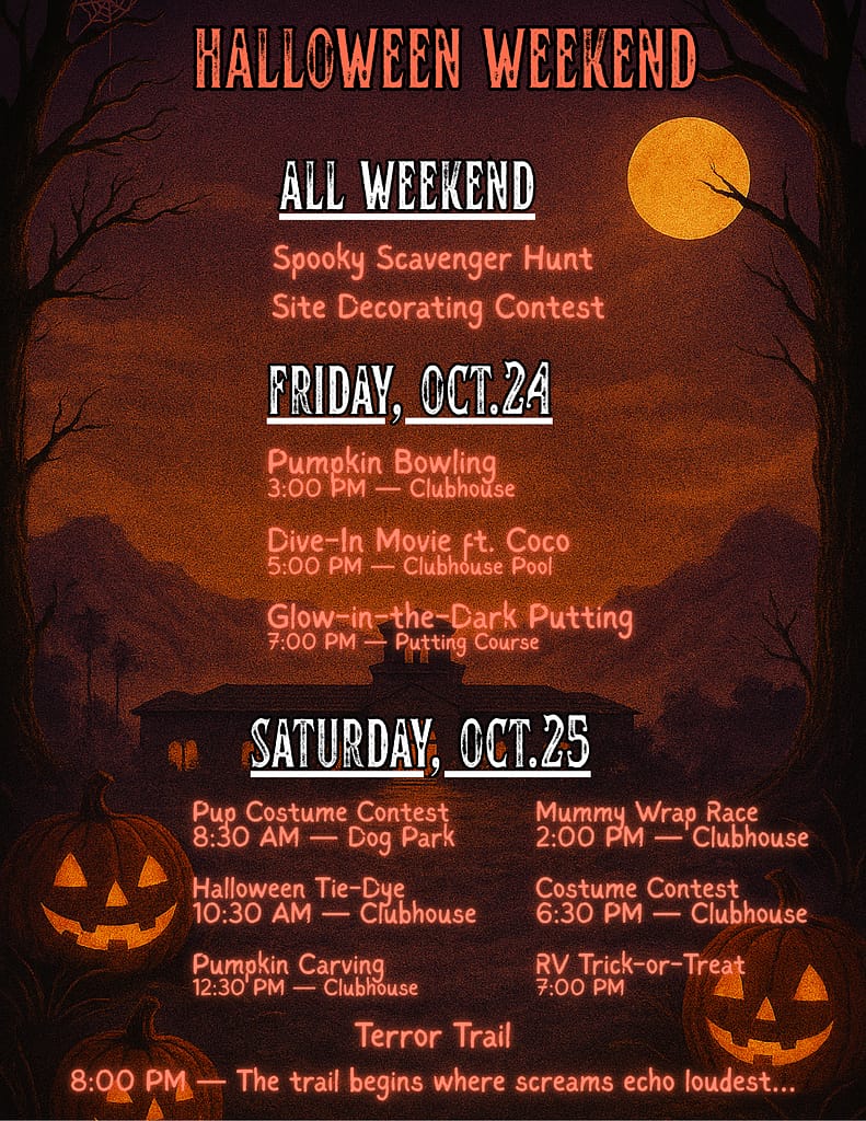 A Halloween event schedule poster with jack-o’-lanterns, a spooky tree, and a dark landscape, listing activities for Friday, Oct. 24, and Saturday, Oct. 25.