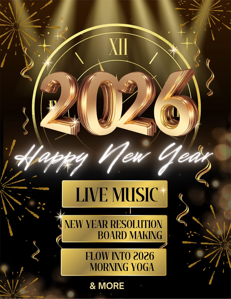 Gold 2026 New Year celebration poster with "Happy New Year," event details for live music, board making, morning yoga, and festive decorations.