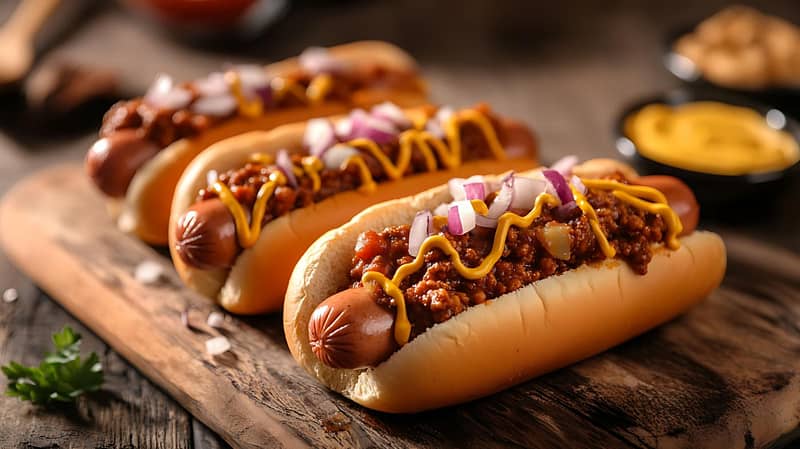Three chili dogs topped with chopped onions and mustard are arranged on a wooden board, with condiments visible in the background.