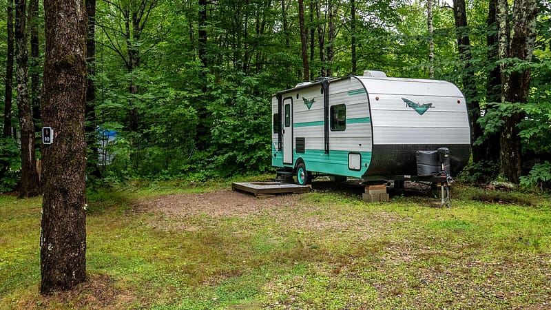 A small green and white camper trailer is parked in a wooded campsite. The trailer has two wheels and is raised on blocks. The surrounding area is lush with green trees and vegetation. A large tree with a marked campsite number stands in the foreground.