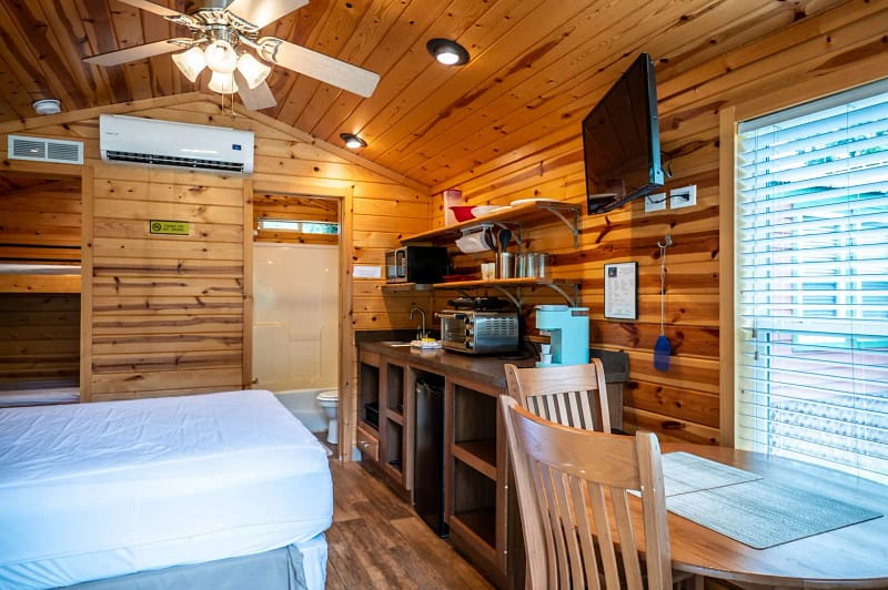 A cozy wooden cabin interior featuring a bed, small kitchenette with a toaster and coffee maker, wall-mounted TV, dining table with chairs, ceiling fan, small window, and a bathroom door. The cabin's walls and ceiling display natural wood paneling.