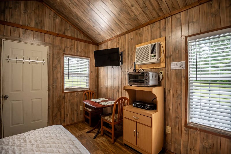 A cozy wooden cabin interior with a small table and two chairs next to a window. A wall-mounted flat-screen TV and air conditioner are above a compact microwave and toaster oven on a wooden cabinet. A white door and another window are on adjacent walls.