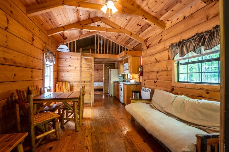 A cozy, rustic wooden cabin interior with a high, peaked ceiling. It features a small kitchen with white appliances, a dining area with a wooden table and chairs, a loft accessible by a ladder, and a comfortable sofa. Natural light streams through the curtained windows.