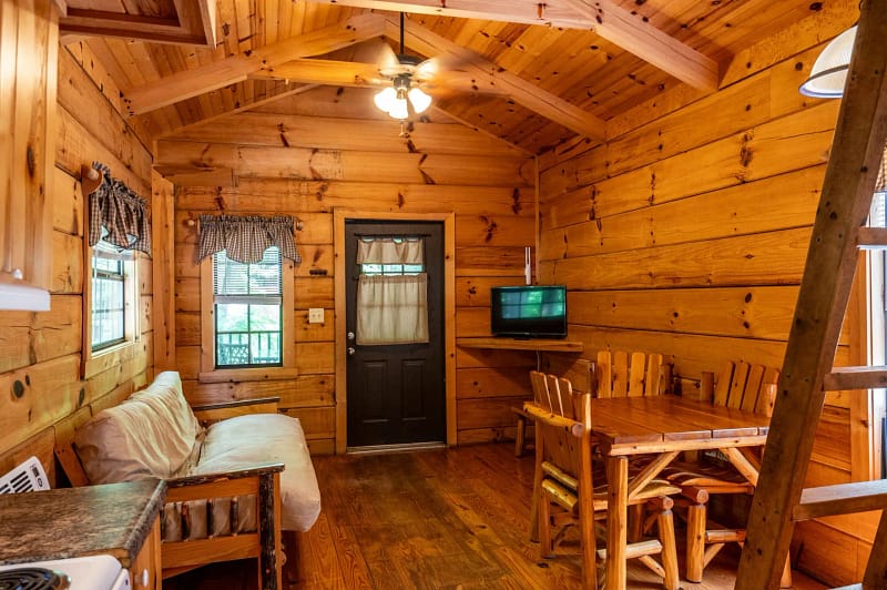 A cozy wooden cabin interior with a vaulted ceiling. Features include a black door with a window, a small TV on a stand, a wooden dining table with chairs, a futon sofa, and plaid curtains on two windows. The space has warm lighting and rustic decor.