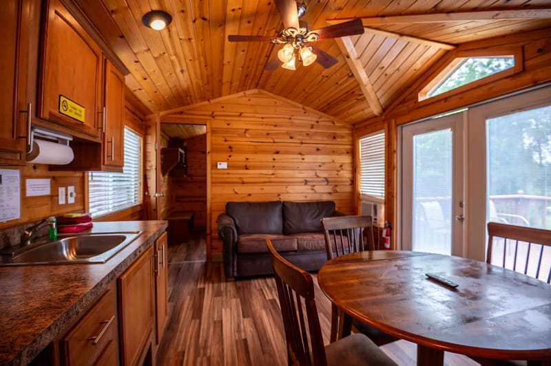 A cozy wooden cabin interior featuring a living area with a brown couch under a ceiling fan, a dining table with chairs, and kitchen lodgings with cabinets and a sink. Natural light streams in through glass patio doors and multiple windows.