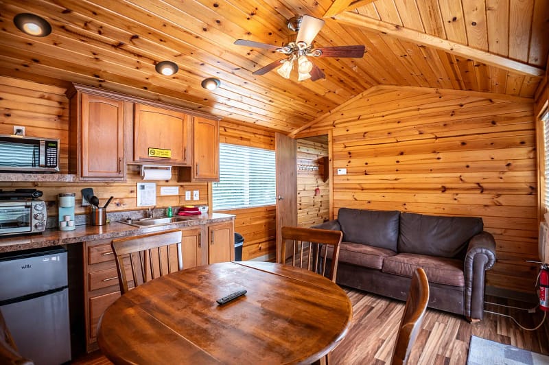 A cozy, wood-paneled cabin interior serves as inviting lodgings, complete with a small kitchen area featuring a microwave, toaster, and mini-fridge. A round wooden dining table with chairs sits in the foreground, while a brown sofa with a throw pillow rests against the back wall under a ceiling fan.