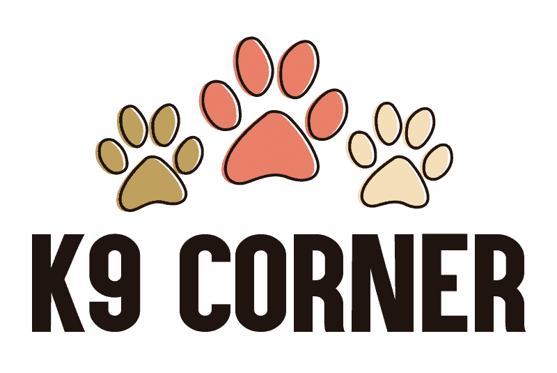 Logo featuring three dog paw prints—one large red paw print in the center and two smaller tan paw prints on each side—above the text "K9 CORNER" in bold black letters.