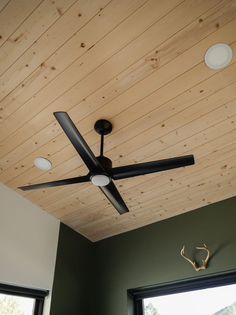 A modern black ceiling fan with four blades is mounted on a light wood-paneled ceiling. There are three round recessed lights nearby, and a pair of antlers decorates a green wall below.