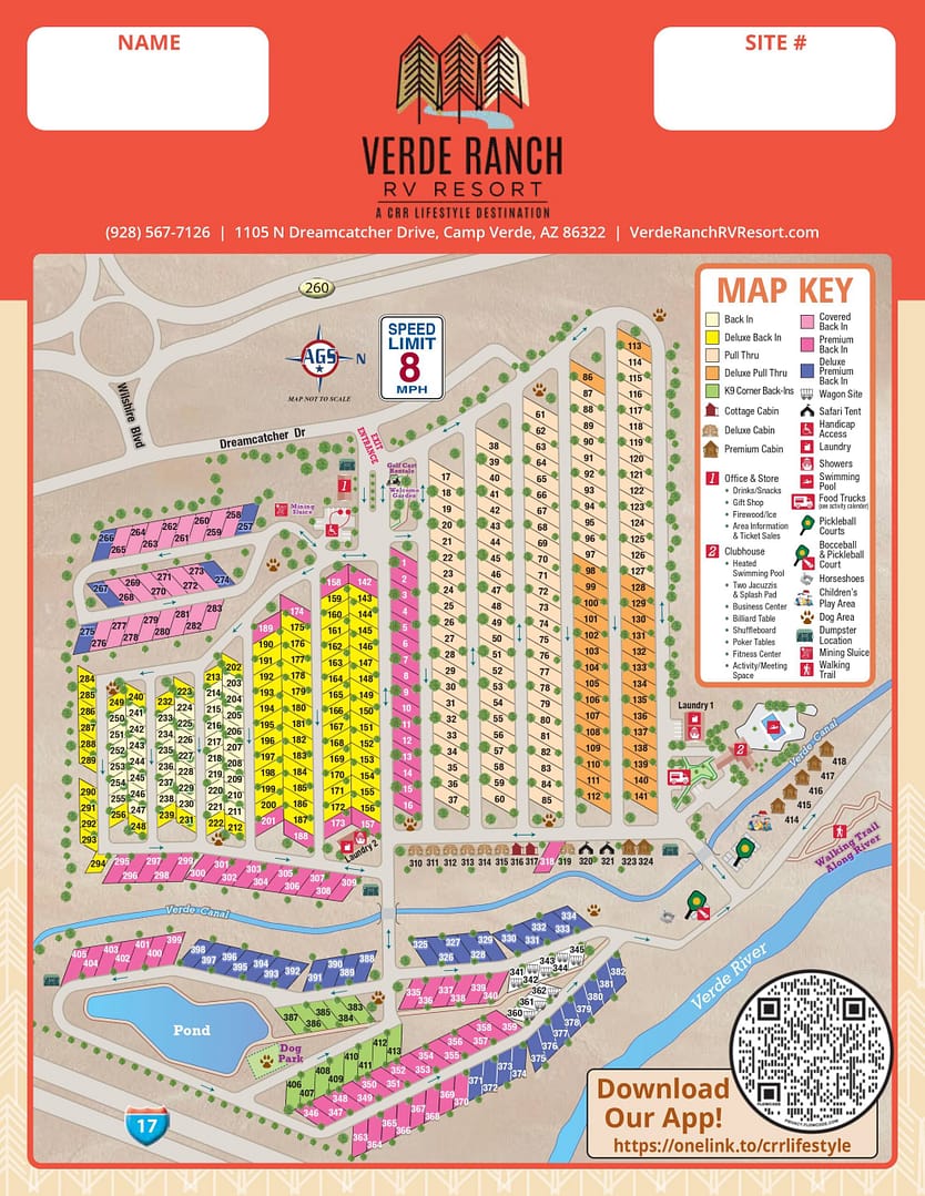 Map of Verde Ranch RV Resort showing color-coded RV sites, park amenities, roads, entrances, and a pond, with a legend and QR code for app download at the bottom right.