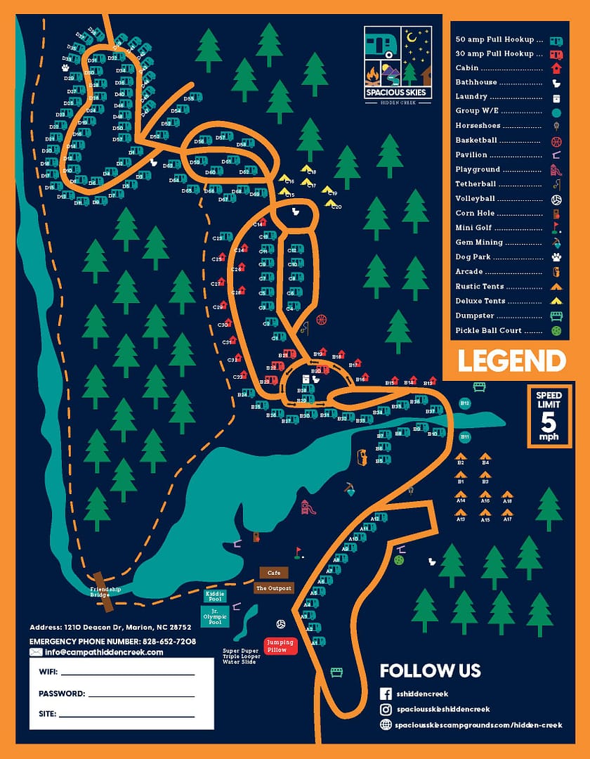 Campground map showing roads, campsites, cabins, and amenities like pools, restrooms, trails, and sports courts. The legend explains map symbols for site types and facilities. Address, rules, contact info, and social media links are at the bottom.